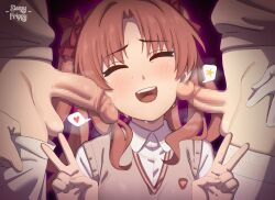 1girl 2futa bow brown_hair brown_sweater_vest censored closed_eyes collared_shirt double_v erection futa_with_female futanari gloves hair_bow heart highres long_hair misaka_mikoto mosaic_censoring multiple_futa open_mouth parted_bangs penis penis_on_face penis_size_difference raised_inner_eyebrows red_bow school_uniform shirai_kuroko shirt shokuhou_misaki sleepy_frippy solo_focus spoken_heart spoken_star star_(symbol) sweat sweater_vest teeth testicles thighhighs toaru_kagaku_no_railgun toaru_majutsu_no_index tokiwadai_school_uniform twintails upper_teeth_only v white_gloves white_shirt white_thighhighs