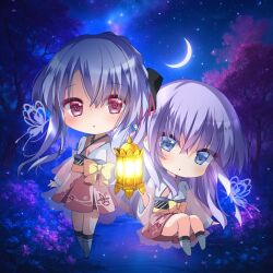 2girls asahina_yori black_bow blue_hair blush bow braid bread_eating_race chibi chibi_only commentary_request crescent_moon crossed_bangs crown_braid eyes_visible_through_hair forest frilled_kimono frills full_body gloves hair_between_eyes hair_bow holding holding_lantern japanese_clothes kimono lantern long_hair long_sleeves looking_at_viewer moon multiple_girls nature night night_sky nontraditional_miko outdoors parted_lips pink_skirt purple_hair red_eyes siblings sisters sitting skirt sky sorakado_ai sorakado_ao standing star_(sky) starry_sky summer_pockets tree twins underlighting white_kimono wide_sleeves yellow_bow 
