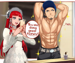  1boy 1girl abs arms_behind_head arms_up baseball_cap belt black_pants blue_hat blunt_bangs breasts cellphone commentary dress english_commentary english_text eyelashes facial_hair hair_ribbon hairband hat highres holding holding_phone iori_junpei long_hair nail_polish neggoartz no_nipples open_mouth pants persona persona_3 phone red_hair red_nails ribbon smartphone sparkle speech_bubble sweat taking_picture toned toned_male topless_male white_dress yoshino_chidori  rating:Sensitive score:26 user:danbooru