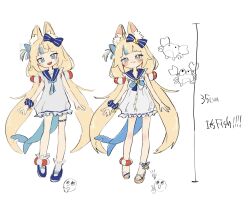  1girl :3 :d ahoge animal_ear_fluff animal_ears blonde_hair blue_eyes blue_hair blue_nails blue_neckerchief blue_sailor_collar blue_shoes blue_streaks blush bow buttons cat_ears closed_mouth collar commentary comparison crab design_speculation dress emoji english_text fang fins fish_girl fish_tail frilled_dress frills hair_bow highres indie_virtual_youtuber lifebuoy_hair_ornament lifebuoy_ornament long_hair looking_at_viewer low_twintails mary_janes measurements multicolored_hair nail_polish neckerchief necktie one_side_up open_mouth platform_sandals sailor_collar sameko_saba sandals scrunchie shoes simple_background sleeveless sleeveless_dress smile smug standing streaked_hair tail thigh_strap thinking_emoji translation_request twintails unya_(unyaunia) very_long_hair virtual_youtuber white_background white_dress wrist_scrunchie 
