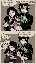  1girl 3boys absurdres andrew_graves_(the_coffin_of_andy_and_leyley) artist_request ashley_graves bandaid black_hair black_shirt brother_and_sister child choker green_eyes highres if_they_mated implied_incest incest multiple_boys purple_eyes red_eyes shirt short_hair siblings stuffed_toy the_coffin_of_andy_and_leyley twins  rating:Sensitive score:121 user:DougDimmadome