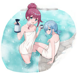  2girls absurdres alcohol aqua_eyes arm_support bath bathing blue_hair border bottle breasts breath center-flap_bangs choko_(cup) cleavage commentary_request covering_privates cup double-parted_bangs hair_bun hand_up hands_up highres holding holding_bottle holding_cup light_blush long_hair looking_at_viewer lower_teeth_only median_furrow medium_hair multiple_girls naked_towel nude_cover on_floor onsen open_mouth original ponytail pool red_hair sake same-sex_bathing shared_bathing sitting snowing soaking_feet standing steam stone_floor teeth tokkuri towel urushiushiru variant_set very_long_hair wading water white_border 