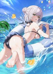  1girl :d arm_strap barefoot bikini bikini_skirt black_bikini black_ribbon blue_skirt blue_sky breasts day feet food foot_focus fruit genjitsu_pirika green_eyes grey_hair hair_bun highres hololive inflatable_toy large_breasts multicolored_bikini open_mouth outdoors ribbon rubber_duck shirogane_noel shirogane_noel_(summer_2020) skirt sky smile soles solo swim_ring swimsuit toes two-tone_bikini virtual_youtuber water watermelon white_bikini 