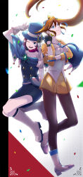  2girls :3 :d ace_attorney apollo_justice:_ace_attorney artist_request asymmetrical_hair athena_cykes bag black_dress black_gloves black_pantyhose black_socks blue_eyes blue_hat blue_necktie blue_ribbon boots brooch brown_hair capcom cape closed_mouth collared_shirt confetti crescent crescent_earrings cropped_jacket dress earrings fanny_pack full_body gem_(symbol) gloves green_eyes hair_between_eyes hair_ribbon hand_on_own_arm hat heart heart_(symbol) highres holding holding_weapon jacket jewelry jumping knee_boots kneehighs knife long_hair long_legs long_sleeves looking_at_viewer magician miniskirt multiple_girls necklace necktie one_eye_closed open_mouth orange_hair pantyhose partially_fingerless_gloves phoenix_wright:_ace_attorney_-_dual_destinies ribbon scarf shirt short_dress short_hair side_ponytail simple_background single_earring single_glove skirt sleeveless smile socks solo spade spade_(shape) strapless strapless_dress swept_bangs top_hat trucy_wright tube_dress weapon white_background white_gloves white_shirt wind wind_lift wink yellow_jacket yellow_skirt 