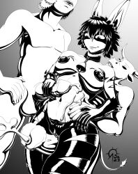  1girl 2boys animal_ears black_hair breasts chapter_170_monster_girl_(one-punch_man) claws cum cum_on_body fang furry furry_female goat_legs grinding highres hooves large_breasts large_penis monochrome monster_girl multiple_boys neck_bell nipples no_nose one-punch_man penis penis_grab pussy sacrificabominat tail  rating:Explicit score:2 user:GiovanniHunter
