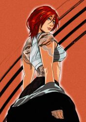  1girl ass bodypaint breasts cameruptsauvage costume curvy female_focus from_behind galibra highres large_breasts looking_back pants red_eyes red_hair shirt short_hair the_king_of_fighters undressing vanessa_(kof) white_shirt yakuza 