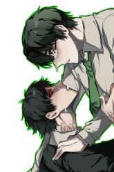  2boys black_vest bloodshot_eyes collared_shirt colored_veins crying crying_with_eyes_open dongrang_(project_moon) glasses green_hair green_necktie green_outline hand_on_another&#039;s_shoulder highres limbus_company male_focus multiple_boys necktie outline project_moon red_hong00 samjo_(project_moon) shirt short_hair tears upper_body vest white_shirt worried yaoi 