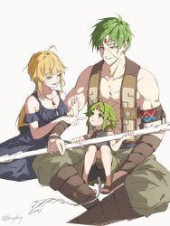  1boy 2girls absurdres ahoge arm_hug armband bare_shoulders black_nightgown blonde_hair blunt_bangs blush bob_cut brown_vest chest_bow child crop_top crossed_legs double_arm_hug family father_and_daughter forehead_jewel gem green_eyes green_hair green_pants highres holding holding_polearm holding_weapon husband_and_wife jewelry knees_up looking_up luicelia_superdia mother_and_daughter multiple_girls muscular muscular_male mushoku_tensei necklace nightgown norn_greyrat one_eye_closed pants parted_bangs parted_lips pointing pointing_at_another polearm ponytail ruijerd_superdia scar scar_on_face sidelocks sitting sitting_between_lap smile tail vest weapon white_background yanmyhony 
