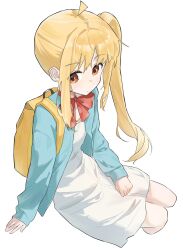  1girl ahoge backpack bag blonde_hair blue_jacket bocchi_the_rock! bow bowtie closed_mouth cropped_legs dress highres ijichi_nijika jacket long_hair long_sleeves open_clothes open_jacket orange_eyes polka_dot_bowtie red_bow red_bowtie schu_1112 side_ponytail simple_background solo very_long_hair white_background white_dress 