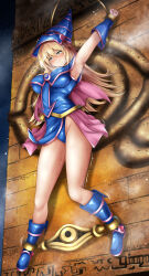  1girl blonde_hair blue_dress blue_hat blue_leotard breasts dark_magician_girl dress duel_monster full_body green_eyes hat highres kagura_yuuto large_breasts leotard motion_lines pink_skirt restrained skirt solo trembling yu-gi-oh! 