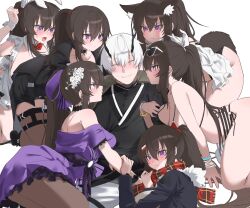 1boy 6+girls animal_ear_fluff animal_ears antlers apron arm_hug ass bare_legs bare_shoulders blush bottomless bow bracelet breast_press breasts brown_hair cat_ears choker clone_harem closed_eyes counter:side dress eyewear_on_head fang hair_ornament hairclip harem highres horns jealous jewelry joo_shiyoon large_breasts long_hair looking_at_another mimiou multiple_girls official_alternate_costume open_mouth pantyhose ponytail pout purple_eyes rabbit_ears scarf skin_fang sunglasses sunglasses_on_head sweatdrop thigh_strap thighs very_long_hair white_hair wrist_cuffs yoo_mina