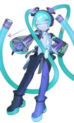  1girl absurdres black_sleeves cheri_zao detached_sleeves full_body green_eyes green_hair hatsune_miku heart highres long_hair one_eye_closed proto_miku_(cheri_zao) robot_girl see-through_clothes see-through_sleeves simple_background solo twintails very_long_hair vocaloid white_background 