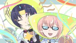  1boy 1girl ^_^ asaba_harumasa black_choker black_hair choker closed_eyes confetti glasses hair_between_eyes headband pink_hair piyansuke smile tsukishiro_yanagi upper_body yellow_headband zenless_zone_zero 