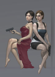  2girls ada_wong back-to-back bare_legs bare_shoulders barefoot belt beretta_92 black_hair blue_eyes brown_eyes brown_hair capcom choker cocking_gun crossed_legs dress feet female_focus glock gun handgun holding holding_gun holding_weapon jill_valentine miniskirt multiple_girls pistol realistic red_dress resident_evil resident_evil_2 resident_evil_3:_nemesis resident_evil_4 shirt short_hair sitting skirt strapless thigh_strap tied_shirt trigger_discipline tube_top weapon xiaji  rating:Sensitive score:71 user:salarta