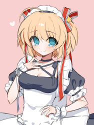1girl ahoge alternate_costume apron aqua_eyes black_choker black_dress blonde_hair blush breasts choker cleavage closed_mouth commentary criss-cross_halter dress enmaided eshiko eyes_visible_through_hair frilled_apron frilled_sleeves frilled_wrist_cuffs frills hair_ornament hair_ribbon halterneck hand_up happy heart highres kamikita_komari little_busters! long_ribbon looking_at_viewer maid maid_apron maid_headdress medium_breasts pink_background puffy_short_sleeves puffy_sleeves red_ribbon ribbon short_hair short_sleeves simple_background smile solo split_mouth star_(symbol) star_hair_ornament tareme two_side_up upper_body white_apron white_wrist_cuffs wrist_cuffs