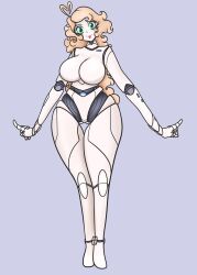 1girl absurdres ahoge android blonde_hair breasts caramella eyelashes gluteal_fold green_eyes gynoid highres joints large_breasts lips long_hair looking_at_viewer mechanical_arms mechanical_legs nude original robot robot_girl robot_joints simple_background very_long_hair wavy_hair