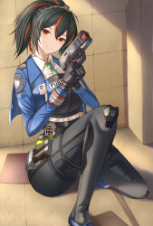  1girl absurdres ass black_gloves black_hair black_pants black_vest blue_jacket blue_shoes blush breasts collarbone cropped_jacket eyebrows_hidden_by_hair eyes_visible_through_hair gloves green_necktie grey_hairband gun hairband handgun high_ponytail highres holding holding_gun holding_weapon jacket kanpyou_(hghgkenfany) large_breasts latex_pants long_hair long_sleeves looking_at_viewer multicolored_hair necktie orange_eyes orange_hair pants police police_uniform policewoman ponytail shoes smile sneakers solo standing streaked_hair thighs tight_clothes tight_pants vest weapon zenless_zone_zero zhu_yuan 