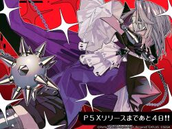  1girl ascot ball_and_chain_(weapon) black_gloves black_shorts blue_eyes chain commentary countdown english_commentary fujikawa_yukimi gloves grey_hair keiko_(um7mr1) long_sleeves official_art persona persona_5 persona_5:_the_phantom_x profile purple_vest red_background shirt short_hair shorts solo spiked_ball_and_chain third-party_source vest weapon white_ascot white_shirt 