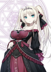 1girl 47agdragon aqua_eyes bare_shoulders black_dress blonde_hair bow breasts cleavage collarbone dress elf female_focus frilled_dress frills hair_bow highres large_breasts layered_dress long_hair long_sleeves looking_at_viewer magic_circle original pale_skin parted_lips pointy_ears purple_dress solo tattoo tiara two_side_up very_long_hair victorian rating:Sensitive score:59 user:danbooru