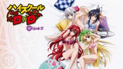 10s asia_argento blonde_hair blue_eyes blue_hair blush breasts cleavage crotch_seam green_eyes high_school_dxd highres himejima_akeno lingerie purple_hair red_hair rias_gremory smile toujou_koneko underwear yellow_eyes rating:Questionable score:34 user:TDream