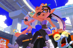  2girls aircraft airplane alternate_costume alternate_hairstyle ankle_boots baggy_pants bare_arms bare_shoulders black_hair black_leggings black_pants blinking_inside_eyes blue_sky blunt_bangs boots breasts brown_pupils building callie_(splatoon) callie_(summer_nights)_(splatoon) chain chain_earrings closed_eyes closed_mouth cloud colored_sclera cousins covered_navel cross-shaped_pupils cumulonimbus_cloud cup day drinking_straw earrings eyelashes facing_to_the_side fake_text fang fins food food_on_head from_behind from_side fruit grey_hair grey_skirt grey_tube_top hand_on_own_forehead highres highway holographic_clothing hot inkling inoue_seita jewelry juice laces leggings lemon lemon_slice lemonade long_hair looking_up marie_(splatoon) marie_(summer_nights)_(splatoon) medium_hair midriff miniskirt mole mole_under_eye multicolored_hair multiple_girls narrow_waist nintendo no_lineart nose nostrils object_on_head official_alternate_costume official_alternate_hairstyle official_art one_eye_closed open_mouth orange_(fruit) orange_juice orange_slice outdoors oyster pants pencil_skirt pointy_ears profile purple_hair red_hair salmonid second-party_source shrimp sidelocks silver_earrings skinny skirt sky small_breasts smallfry_(splatoon) smile splatoon_(series) splatoon_3 strapless suspenders symbol-shaped_pupils teeth tentacle_hair thick_eyebrows tongue tongue_out translation_request tube_top two-tone_hair uvula very_long_hair white_boots yellow_eyes yellow_sclera zipper_top 