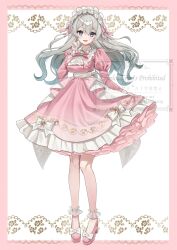  1girl :d absurdres alternate_costume aqua_hair blush bow bowtie breasts commentary_request fingernails firefly_(honkai:_star_rail) frilled_shirt frills full_body gradient_hair grey_hair hair_bow hand_up high_heels highres honkai:_star_rail honkai_(series) large_breasts long_hair long_sleeves looking_at_viewer multicolored_hair open_mouth petticoat pink_bow pink_bowtie pink_shirt pink_shoes pink_skirt purple_eyes shirt shoes simple_background skirt skirt_hold smile solo standing tsukimori_mochi twitter_username very_long_hair white_background white_bow 