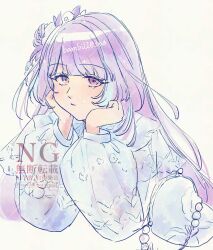  1girl anno_(bambi1103no) artist_name blue_hair brown_background commentary dress expressionless hands_on_own_cheeks hands_on_own_face highres long_hair looking_at_viewer macross macross_delta mikumo_guynemer multicolored_hair portrait purple_eyes purple_hair simple_background solo streaked_hair symbol-only_commentary watermark white_dress 
