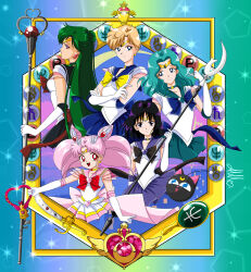  anello81 aqua_hair bishoujo_senshi_sailor_moon blonde_hair blue_bow blue_eyes blue_skirt bow brown_bow chibi_usa choker circlet crossed_arms earrings glaive_(polearm) green_hair highres jewelry kaiou_michiru luna_(sailor_moon) medium_hair meiou_setsuna pink_hair pleated_skirt polearm purple_eyes purple_skirt red_bow red_eyes sailor_chibi_moon sailor_neptune sailor_pluto sailor_saturn sailor_senshi_uniform sailor_uranus short_hair silence_glaive skirt smile staff ten&#039;ou_haruka toei_animation tomoe_hotaru upper_body weapon yellow_bow  rating:General score:3 user:Submissive_neko_man