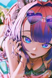  +_+ 1girl absurdres bare_shoulders beach beach_towel bikini black_bikini black_ribbon blue_eyes blush brand_name_imitation breasts day fangs footprints front-tie_bikini_top front-tie_top grey-framed_eyewear hair_intakes hair_ribbon heart heart-shaped_eyewear highres hololive hololive_dev_is jewelry kikirara_vivi long_hair looking_at_viewer lotion_bottle lying multicolored_eyes multicolored_hair necklace ocean on_stomach open_mouth outdoors parasol pink_hair purple-tinted_eyewear purple_eyes purple_hair quone9u0ne reflection ribbon sand signature smile solo sparkle_print sunglasses swimsuit thighs tinted_eyewear tongue towel twintails two-tone_eyes two-tone_hair umbrella virtual_youtuber 