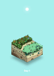 absurdres aqua_background beach commentary diorama fish forest gozz highres island isometric log nature ocean original sun tree rating:General score:1 user:danbooru