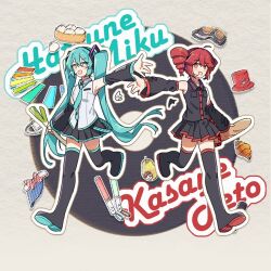  2girls ahoge aqua_eyes aqua_hair baguette bamboo_steamer bare_shoulders black_boots black_shirt black_skirt boots bread character_name collared_shirt copyright_request croissant daidaidaidaidaikirai detached_sleeves detached_wings drill_hair facade_question_(vocaloid) flat_chest food frontiersun full_body glowstick hao_(vocaloid) hatsune_miku headset holding holding_food kasane_teto kasane_teto_(utau) long_hair looking_at_viewer melt_(vocaloid) mesmerizer_(vocaloid) microphone miniskirt monitoring_(vocaloid) multiple_girls necktie open_mouth outline outstretched_arm pearto penlight_(glowstick) piano_keys pleated_skirt red_eyes red_hair shirt short_hair skirt sleeveless sleeveless_shirt smile spring_onion thigh_boots twin_drills twintails utau very_long_hair vocaloid white_outline white_shirt wings 