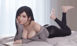  1girl 3d alternate_costume artist_name ass bare_shoulders barefoot billyhhyb black_hair black_pants book breasts cleavage closed_mouth commentary feet final_fantasy final_fantasy_vii final_fantasy_vii_remake full_body grey_sweater hand_on_book hand_on_own_cheek hand_on_own_face head_rest highres large_breasts light_smile lips long_hair looking_at_viewer lying on_stomach open_book pants patreon_username red_eyes sleeves_past_wrists solo sweater the_pose tifa_lockhart tight_clothes tight_pants 