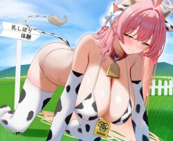  1girl absurdres ahoge all_fours animal_collar animal_ears animal_print ass barcode bell bikini blue_archive blue_sky blush bow braid breasts cleavage closed_mouth cloud collar commentary_request cow_ears cow_horns cow_print cow_print_bikini cow_print_gloves cow_print_thighhighs cow_tail cowbell crossed_bangs day gloves grass green_eyes hair_between_eyes hair_bow hair_intakes halo hanako_(blue_archive) hanging_breasts highres horns huge_breasts long_hair looking_at_viewer mizikayo neck_bell pink_hair pink_halo print_bikini print_gloves print_thighhighs red_collar sign sky smile solo swimsuit tail thighhighs thighs translation_request white_bow 