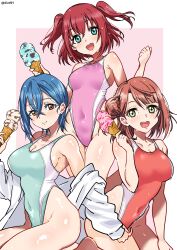 3girls absurdres ai_scream!_(love_live!) aiscream_(love_live!) aiuti aqua_eyes blue_hair blue_one-piece_swimsuit border brown_eyes competition_swimsuit covered_navel food green_eyes hair_bun highleg highleg_one-piece_swimsuit highres ice_cream jacket kurosawa_ruby love_live! love_live!_nijigasaki_high_school_idol_club love_live!_sunshine!! love_live!_superstar!! multiple_girls one-piece_swimsuit open_mouth outside_border pink_background pink_one-piece_swimsuit red_hair red_one-piece_swimsuit round_teeth short_hair single_hair_bun swimsuit teeth two-tone_background two-tone_swimsuit two_side_up uehara_ayumu upper_teeth_only w_arms wakana_shiki white_border white_jacket 