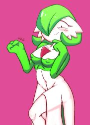  1girl areola_slip bob_cut breasts colored_skin covered_erect_nipples creatures_(company) dress game_freak gardevoir gen_3_pokemon green_hair green_skin hair_over_one_eye hirogearguy looking_at_viewer multicolored_skin nintendo pokemon pokemon_(creature) purple_background signature simple_background smile two-tone_skin white_dress white_skin 