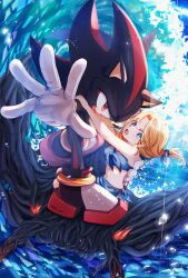  1boy 1girl black_fur blonde_hair blue_eyes body_fur full_body furry furry_male highres looking_at_viewer maria_robotnik ocean red_fur shadow_the_hedgehog sonic_(series) sonic_generations sonic_x_shadow_generations surfing tondamanuke white_fur 