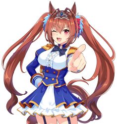  1girl ;d absurdres animal_ears antenna_hair black_bow black_bowtie blue_jacket blush bow bowtie breasts brown_hair buttons center_frills cowboy_shot daiwa_scarlet_(umamusume) double-breasted ear_bow epaulettes fang framed_breasts frilled_shirt frills hair_between_eyes hair_intakes hand_on_own_hip highres horse_ears horse_girl horse_tail jacket juliet_sleeves large_breasts layered_skirt long_hair long_sleeves looking_at_viewer one_eye_closed open_mouth pointing pointing_at_viewer puffy_sleeves red_bow red_eyes shirt simple_background skin_fang skirt smile solo tail tawashi_hechima tiara twintails umamusume underbust very_long_hair white_background white_shirt 