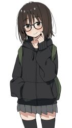  1girl backpack bag black-framed_eyewear blush brown_eyes brown_hair closed_mouth drawstring glasses hand_in_pocket highres hood hood_down hoodie itami_sumihito jimiko long_sleeves looking_at_viewer original otaku pleated_skirt skirt smile solo thighhighs white_background zettai_ryouiki  rating:General score:9 user:danbooru