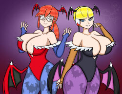  2girls animal_print bare_shoulders bat_print bat_wings blonde_hair blue_eyes blue_legwear blue_pantyhose blunt_bangs bodysuit breasts bridal_gauntlets cleavage clothing_cutout cosplay crossover darkstalkers demon_girl demon_wings elesa_(pokemon) female female_focus gauntlets glasses hair_bobbles hair_ornament head_wings headset heart_cutout horse_tail large_breasts leotard lilith_(darkstalkers) lilith_(darkstalkers)_(cosplay) long_hair long_twintails looking_at_viewer lorelei_(pokemon) low_wings morrigan_aensland morrigan_aensland_(cosplay) multiple_girls nintendo pantyhose pokemon pokemon_(game) pokemon_bw pokemon_frlg ponytail print_legwear purple_background purple_legwear purple_pantyhose red_bodysuit red_eyes short_hair sidelocks smil spectacles tail thesilentdrawer thick_thighs thighs twintails ward wide_hips wings 