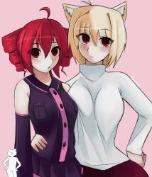  2girls absurdres ahoge alternate_breast_size animal_ear_fluff animal_ears arcueid_brunestud blonde_hair blush breast_on_breast breasts cat_ears cat_girl crossover detached_sleeves drill_hair hand_around_waist hand_on_own_hip highres kasane_teto large_breasts looking_at_viewer multiple_girls pink_background red_eyes short_hair sugoiiii sweater tsukihime twin_drills twintails utau 