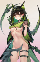 1girl absurdres arknights black_gloves black_hair bottomless breasts clothes_lift convenient_censoring covering_crotch covering_privates da_xiong_de dress dress_lift frown gloves gradient_hair green_dress green_eyes green_hair groin hair_between_eyes heart heart-shaped_pupils highres long_hair medium_breasts mon3tr_(arknights) multicolored_hair navel no_bra no_panties serious solo stomach symbol-shaped_pupils tail tail_censor thigh_strap thighs two-tone_hair
