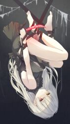  1girl barefoot black_dress black_ribbon breasts closed_mouth commentary dagger dead_ma&#039;am&#039;s_chest_(houshou_marine) dress frilled_dress frills from_side gradient_background heterochromia highres holding holding_dagger holding_knife holding_weapon hololive houshou_marine knife long_hair looking_at_viewer medium_breasts red_eyes restrained ribbon solo tina_oekaki upside-down virtual_youtuber weapon white_hair yellow_eyes 