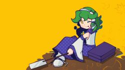  1girl :p bare_shoulders blue_skirt box collared_shirt detached_sleeves dot_nose frog_hair_ornament gohei green_hair hair_ornament hair_tubes hairband highres holding holding_gohei kiwii kochiya_sanae long_sleeves looking_at_viewer medium_hair one_eye_closed print_skirt shirt shoes single_hair_tube single_sidelock skirt skirt_set sleeveless sleeveless_shirt snake_hair_ornament sneakers solo tongue tongue_out touhou wide_sleeves yellow_background yellow_eyes 