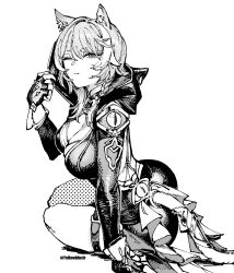  1girl animal_ear_fluff animal_ears animal_hood black_gloves braid breasts cat_ears cat_girl cat_hood cat_tail cipher_(honkai:_star_rail) cleavage fingerless_gloves gloves grey_hair greyscale highres honkai:_star_rail honkai_(series) hood hood_down large_breasts monochrome one_eye_closed otimusyairoha short_hair_with_long_locks side_braid simple_background solo tail thigh_strap twitter_username white_background 