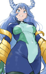  1girl absurdres blue_bodysuit blue_eyes blue_hair bodysuit boku_no_hero_academia breasts drill_hair fengling_(furin-jp) green_bodysuit grin hado_nejire highres large_breasts long_hair looking_at_viewer simple_background smile solo superhero_costume twin_drills white_background 