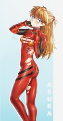  1girl :/ absurdres ass blue_eyes blush bodysuit breasts brown_hair character_name embarrassed eyepatch hand_in_own_hair highres interface_headset_(evangelion) long_hair looking_at_viewer looking_to_the_side mecha_pilot_suit medium_breasts neon_genesis_evangelion plugsuit_(evangelion) red_bodysuit shiny_clothes shiny_skin solo souryuu_asuka_langley standing sweat torn_bodysuit torn_clothes tsundere very_long_hair waligner wide_hips  rating:Sensitive score:61 user:fakyuh