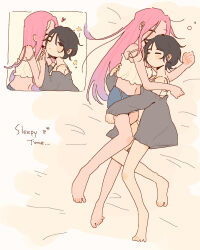  2girls absurdres alien_stage alternate_costume blue_shorts chinese_commentary closed_eyes coldmeow commentary cuddling english_text grey_sweater heart highres kiss kissing_cheek mizi_(alien_stage) multicolored_hair multiple_girls navel no_pants off-shoulder_sweater off_shoulder pink_hair purple_hair short_hair shorts sleeping sleeveless spaghetti_strap strapless sua_(alien_stage) sweater two-tone_hair zzz 