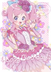 :d blue_bow blue_eyes blue_flower blush border bow chii_(chi_pppuri) commentary copyright_notice cowboy_shot dated detached_sleeves dot_nose dress dress_flower english_text flower frilled_dress frilled_sleeves frills hair_bow hair_flower hair_ornament hands_up happy happy_birthday highres kiratto_pri_chan legs_apart long_hair momoyama_mirai open_mouth outside_border pink_background pink_bow pink_dress pink_flower pink_hair pink_sleeves pretty_series short_sleeves side_ponytail smile sparkle standing striped_background watermark wavy_hair wavy_sidelocks white_border 
