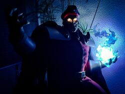  armor aura belt cape dark dark_background dictator evil_grin evil_smile figure fire glowing glowing_eyes grin hat highres m._bison military_hat military_uniform pauldrons photo_(medium) shoulder_armor smile street_fighter 