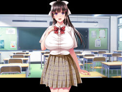 1girl black_hair blush bow bowtie breasts buttons chair chalkboard classroom cowboy_shot day desk door female_focus floor hair_ribbon hand_on_own_chest highres indoors large_breasts legs legs_together long_hair looking_at_viewer mole mole_under_eye monpuchi natsuyasumi_ake_no_kanojo_wa..._charao_gonomi_no_kuro_gal_bitch_ni:_zenpen open_mouth original plaid_clothes plaid_skirt ponytail purple_eyes ribbon school school_uniform shirt skirt smile solo standing sunlight thighs white_shirt rating:Sensitive score:27 user:Ynyswydryn